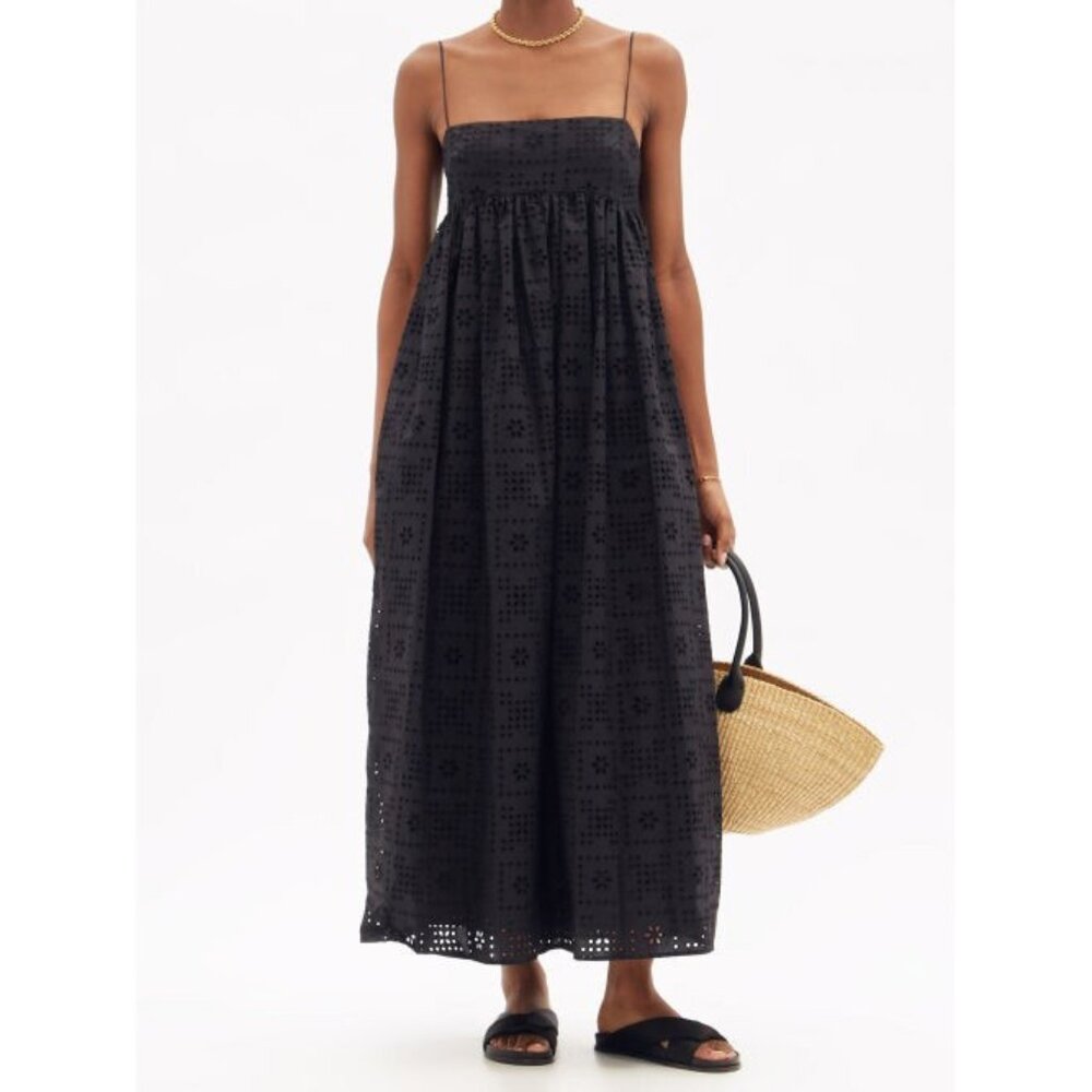 Matteau Broderie-anglaise Organic-cotton Poplin Dress in Black, size "5"